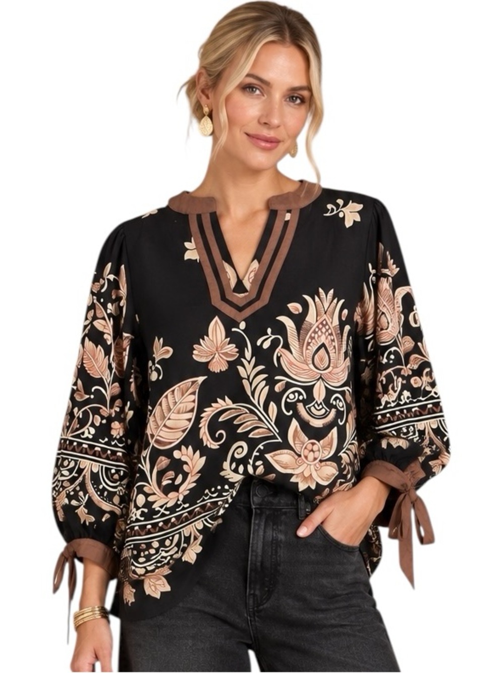 Umgee Black Brown Tan Floral Multi Print 3/4 sleeve Top